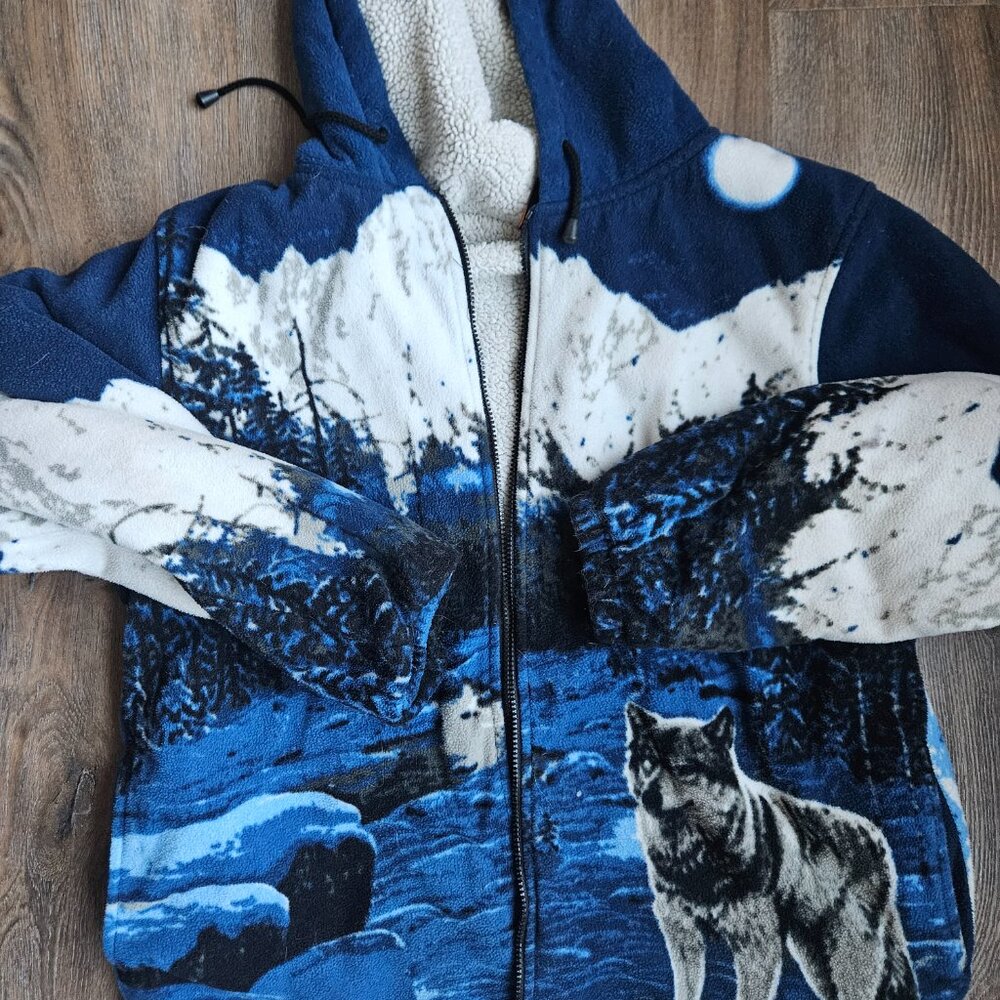 Vintage 90s Wolf Nature Hoodie Sherpa  Fleece Unisex No Tags See Description - Picture 2 of 5
